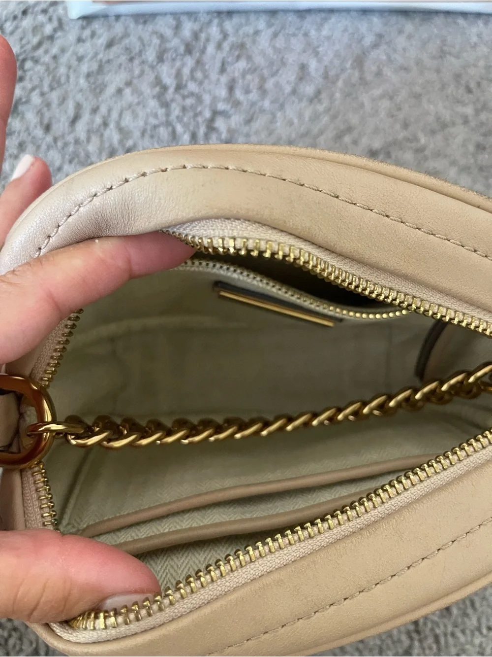 Tory Burch Nude Quilted Leather Crossbody with Gold Logo